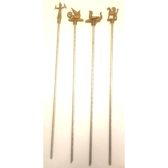 Vintage Antique Heavy Duty Brass Skewers Minoan Mythological Creatures Set of 4 - Picture 2 of 9